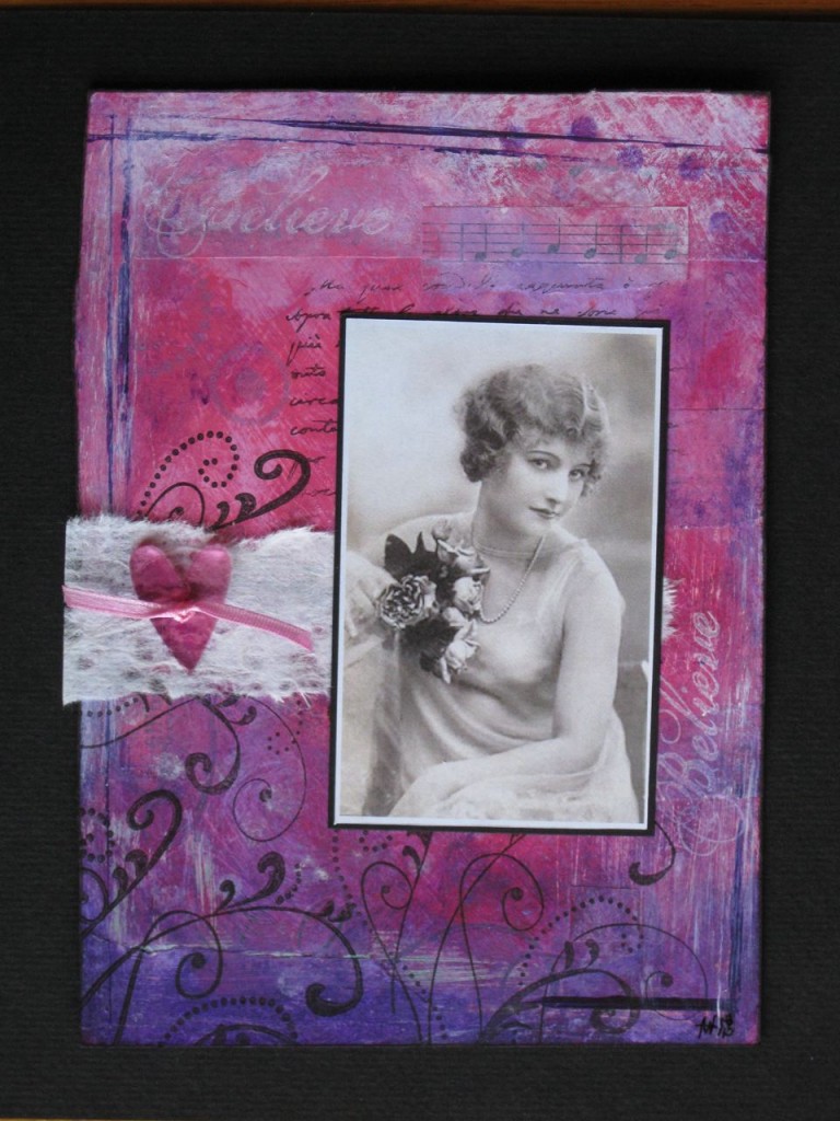 mixed media art collage in pink and purple