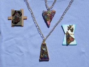 faux dichroic glass pendants and brooches