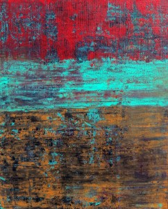 Bright reds and aqua brings our attention to this piece