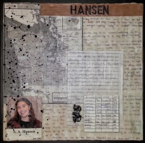 Letters and memorabilia used in an encaustic collage with a family history theme.