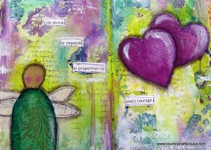 Mixed media art journal layout with Dylusion sprays, stamping and collage