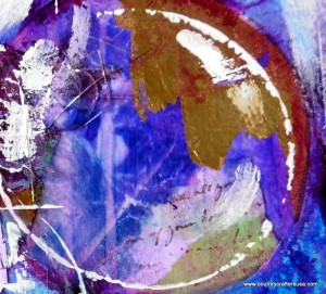 Purple circles feature in Tamara Dinius mixed media art journal layout
