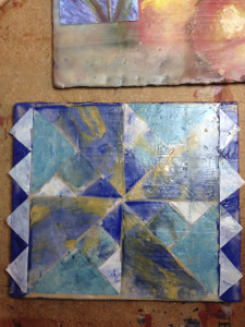 Quilt pattern created in deli paper and encaustic by Vicki Ross