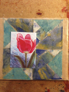 Quilt pattern created in deli paper and encaustic by Vicki Ross