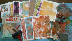 gelli plate, printed papers, and stencils