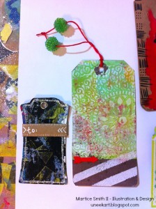 Example of embellished Gelli plate gift tags by Mixed media artist and designer, Martice Smith II