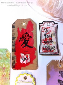 Example of embellished Gelli plate gift tags by Mixed media artist and designer, Martice Smith II
