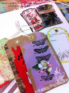 Example of embellished Gelli plate gift tags by Mixed media artist and designer, Martice Smith II