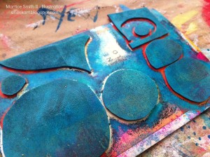 Handmade printing plate, with circles and paint by artist Martice Smith II. Tutorial: 'Handmade Foam Stamps & Printing Plates'