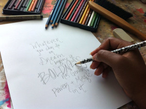 photo example of Martice demo of creative hand-lettering, using a pencil