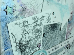 mixed media map collage art using maps of various cities